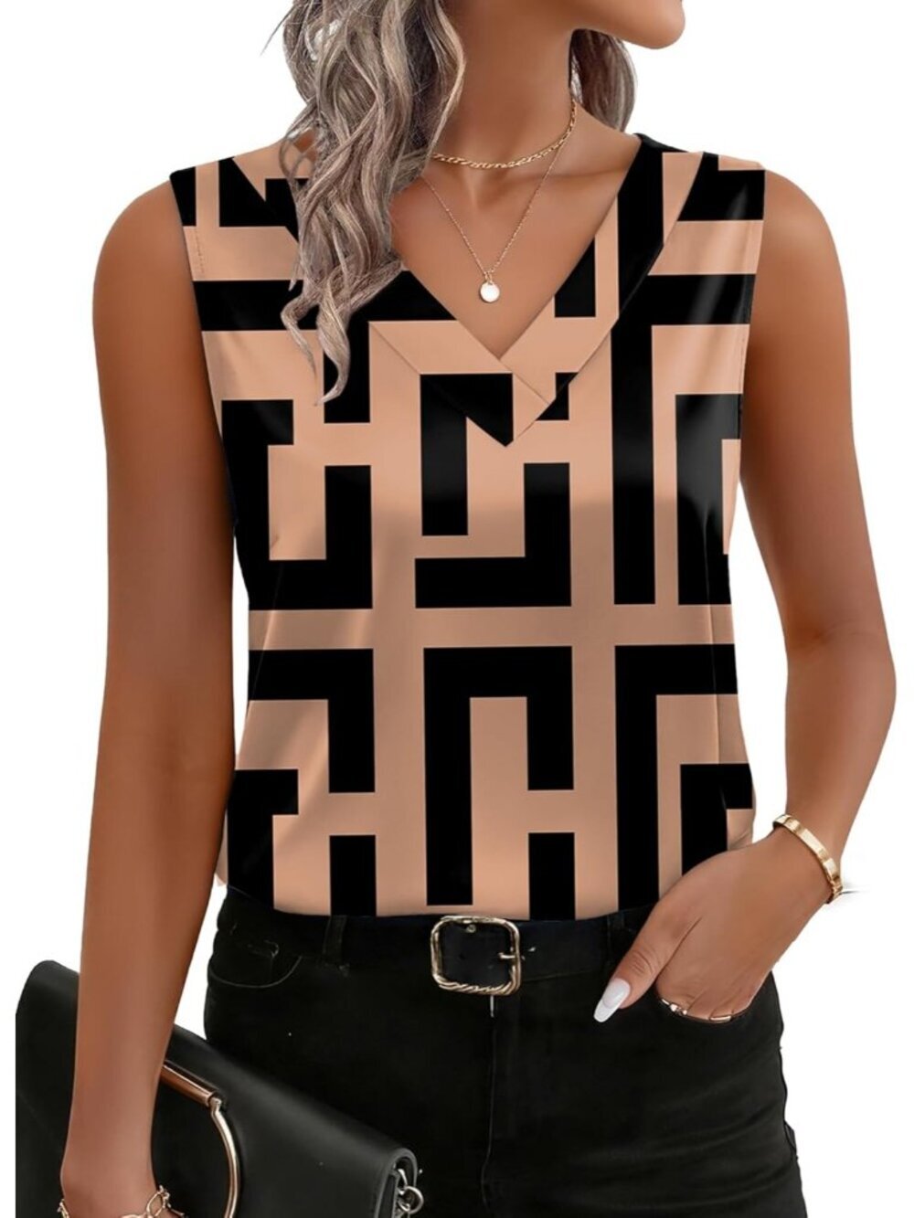 Women's Black Tan Sleeveless V Neck Casual Imported Shirt Silk Satin Tank Top